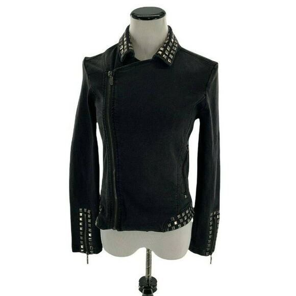 Max Jeans Jacket Womens Size Small Studs Rhinestones Symmetrical Front Zip Black - Picture 1 of 12